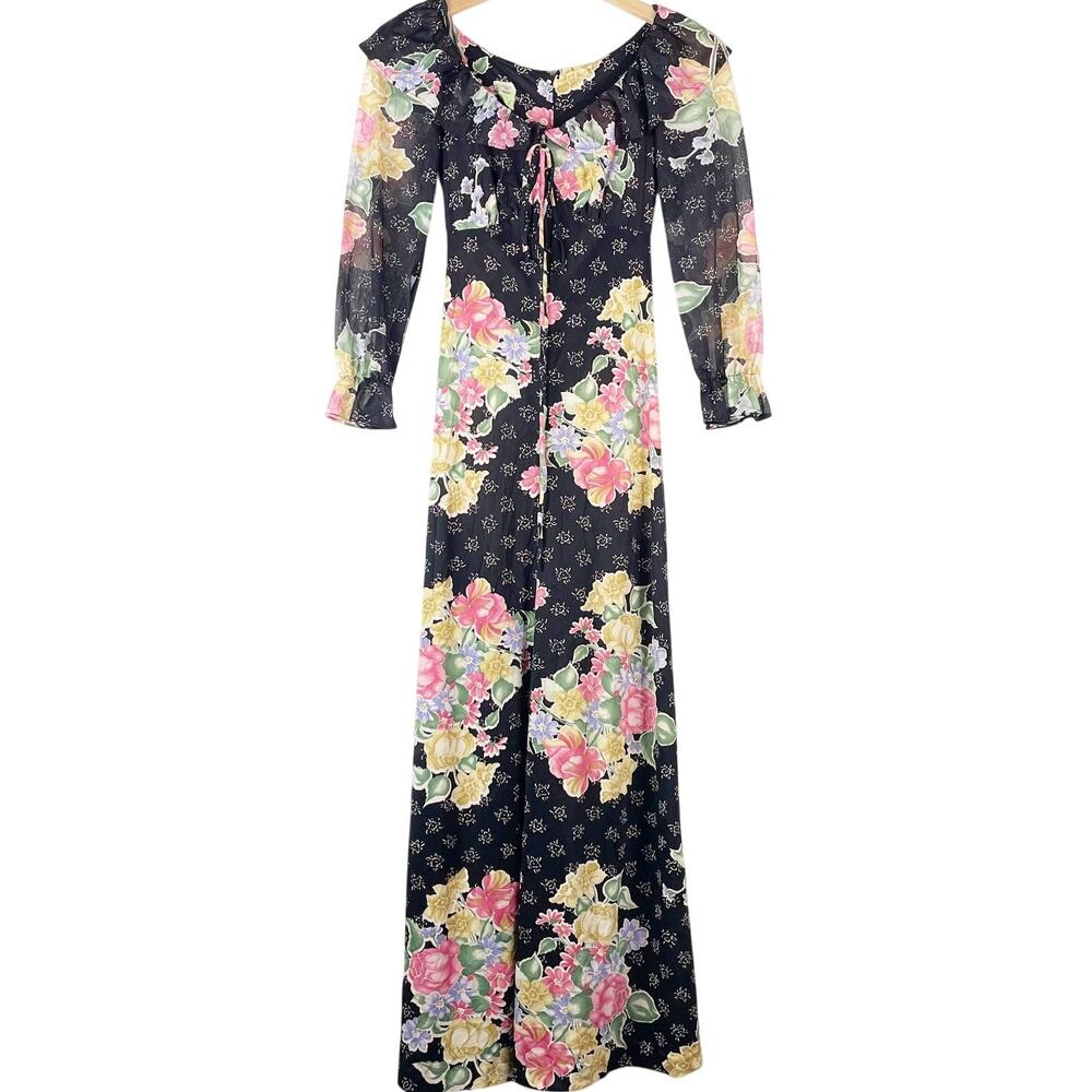 Vintage Women's Black Multicolor Floral Long Peasant Dress Size Small Semi Sheer